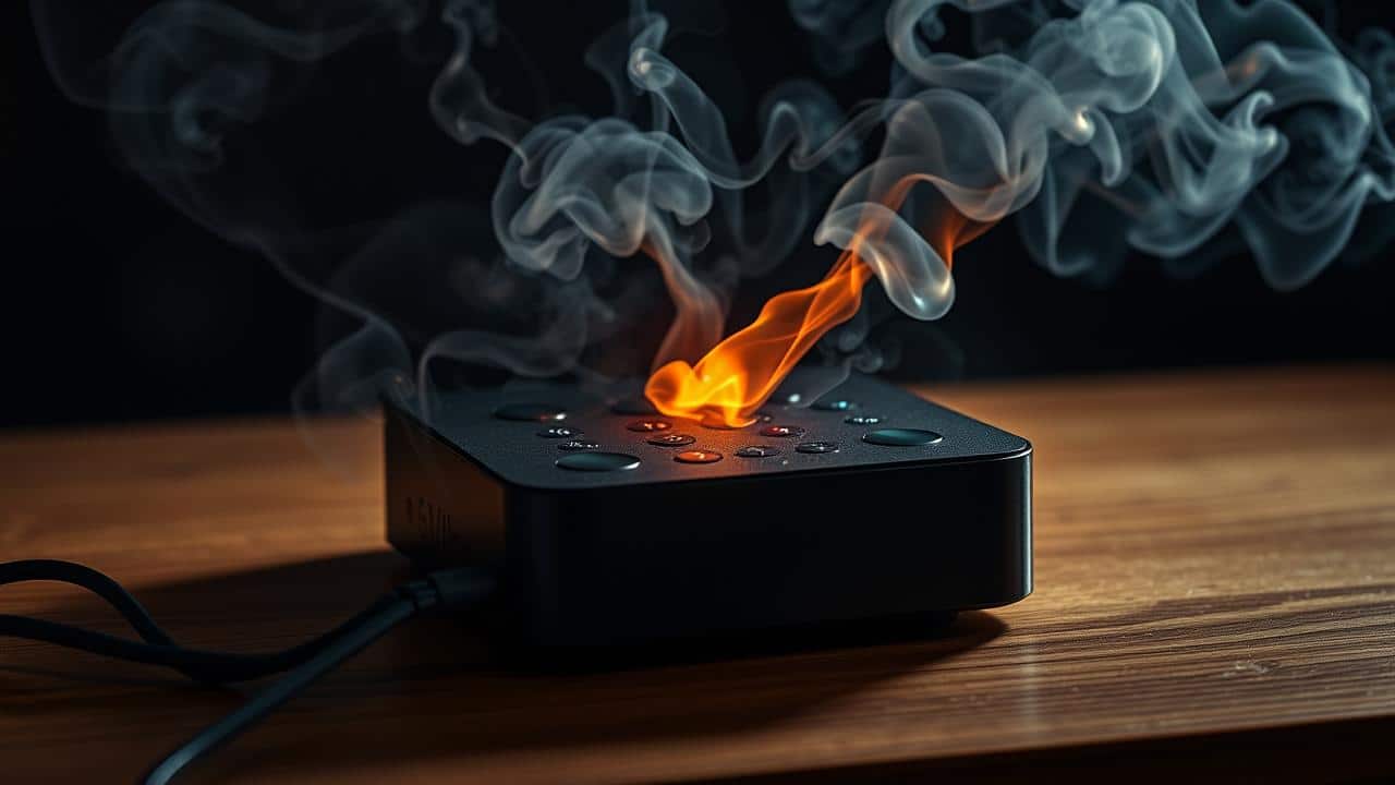 Uma TV Box pirata com fumaça e faíscas, indicando risco de incêndio.