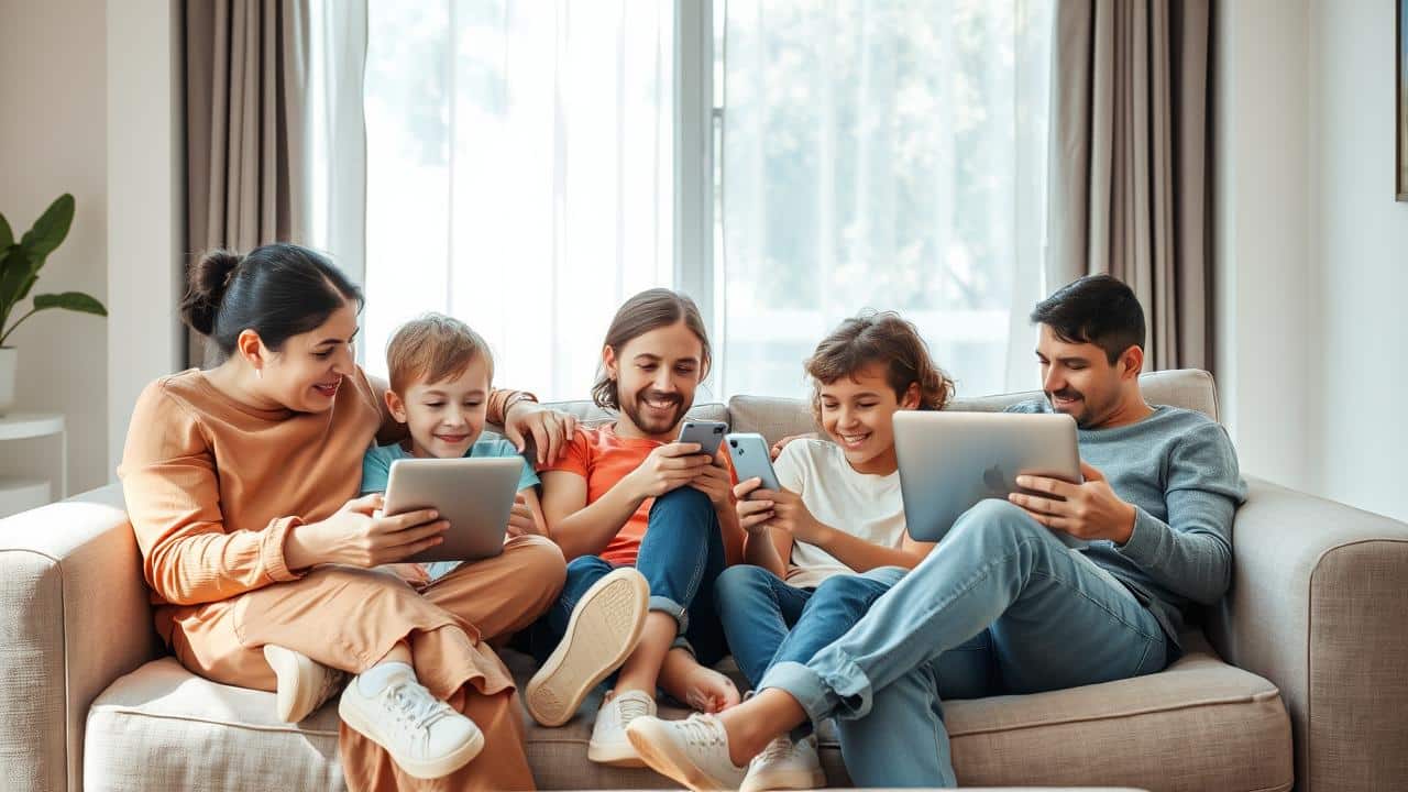 Uma família de cinco pessoas usando diferentes dispositivos em uma sala de estar, ilustrando o compartilhamento de conta.