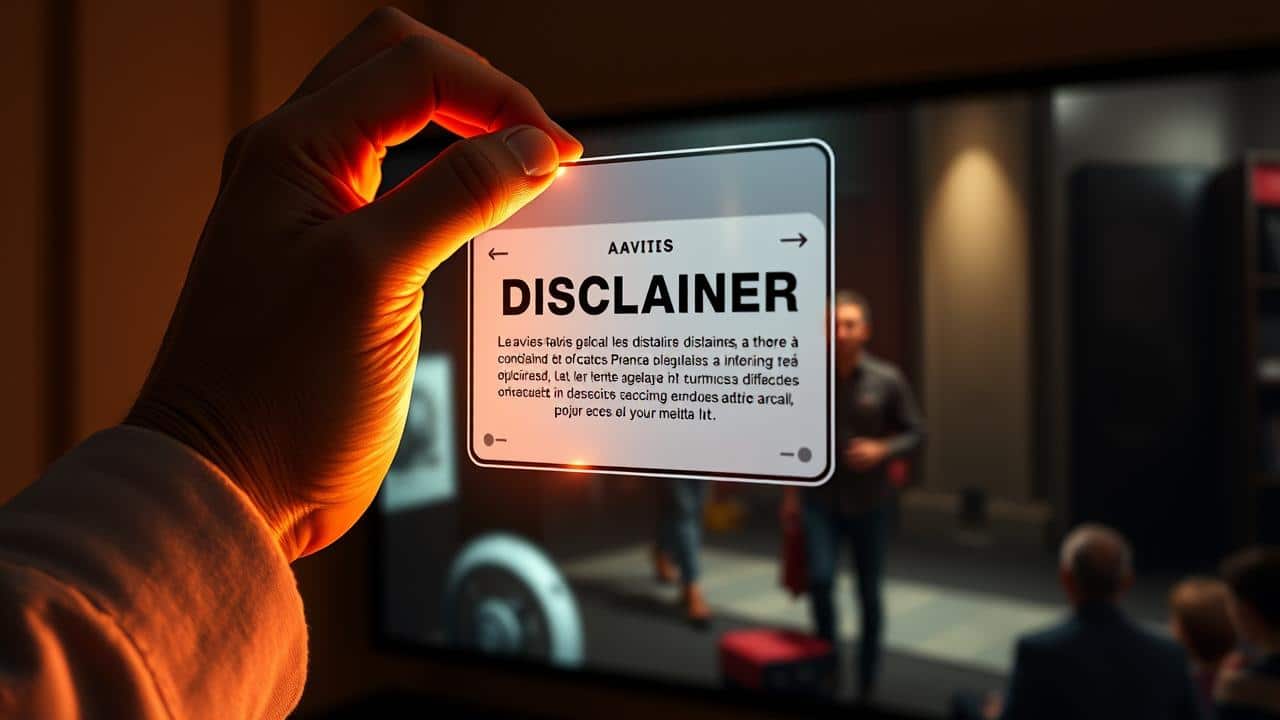 Uma mão segurando um aviso de disclaimer translúcido sobre uma cena dramática em uma tela, representando a tensão entre aviso e liberdade artística.