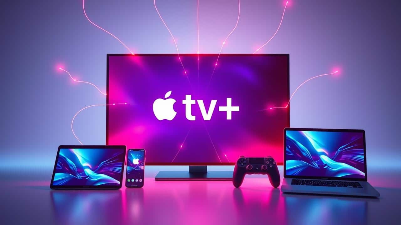 Uma montagem de uma Smart TV, tablet, smartphone, console e laptop, conectados por linhas digitais, representando a compatibilidade ampla da Apple TV+.