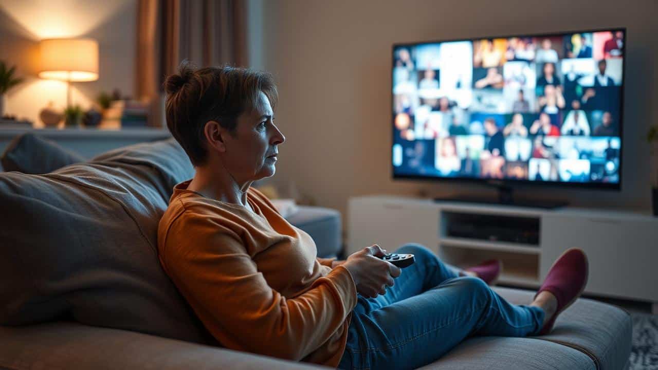 Uma pessoa frustrada rolando por infinitas opções de filmes na Netflix em uma tela de TV.