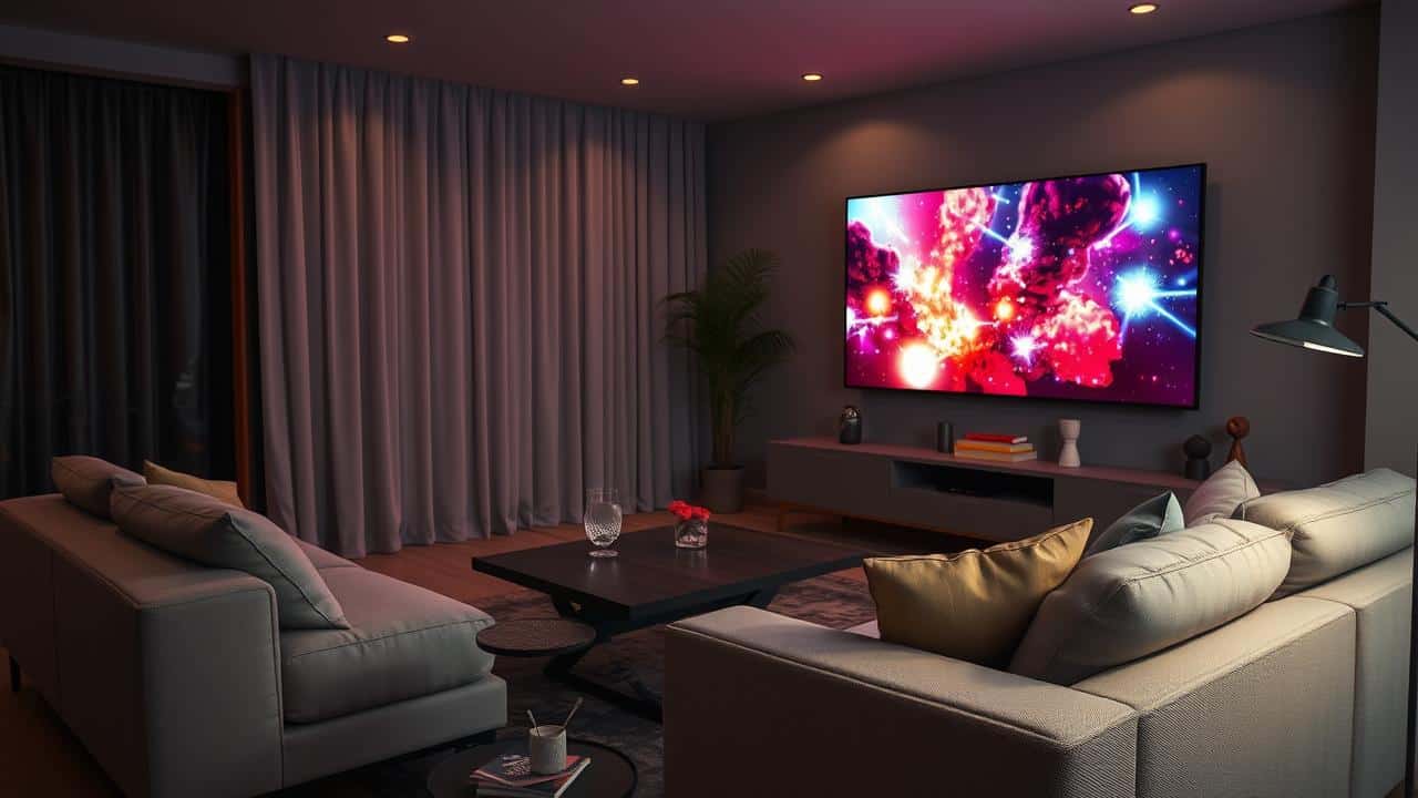 Uma sala de estar perfeitamente preparada para uma noite de cinema em casa, com lanches e ambiente acolhedor.