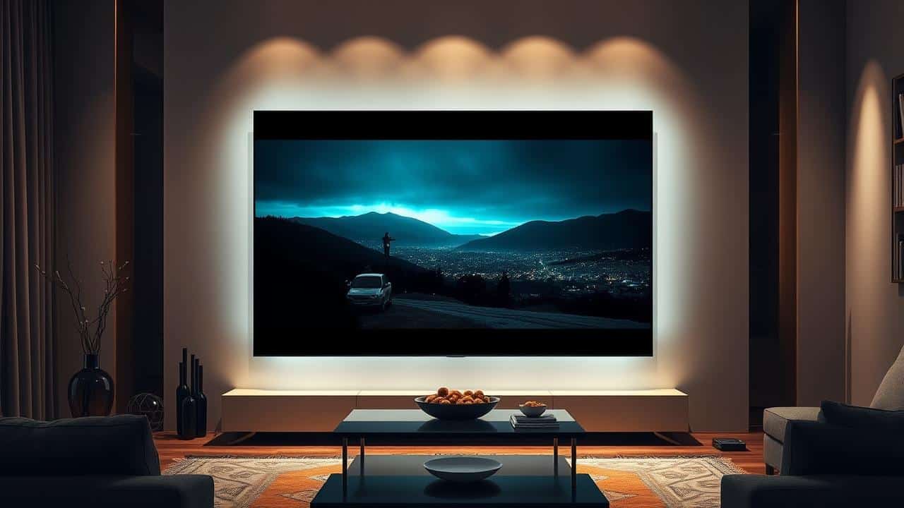 Uma tela de televisão moderna exibindo uma cena de filme de alta qualidade em um ambiente sofisticado.
