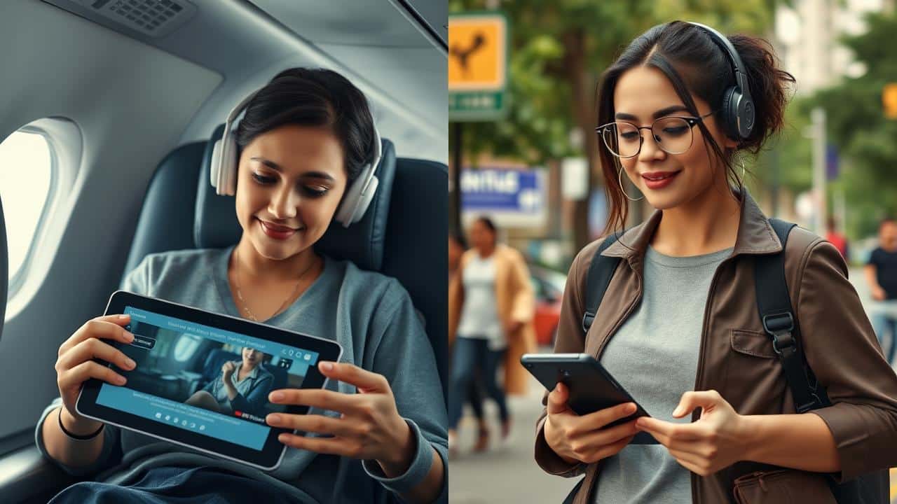 Usuário desfrutando de YouTube Premium offline, em segundo plano e com 'picture-in-picture' em diferentes cenários.