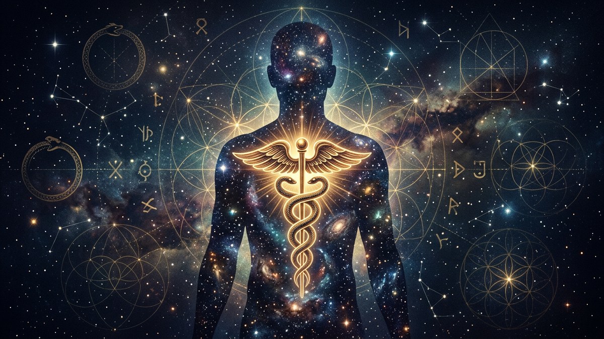 Cosmic silhouette with a golden caduceus and sacred geometry, decoding hermeticism philosophy inner cosmos.