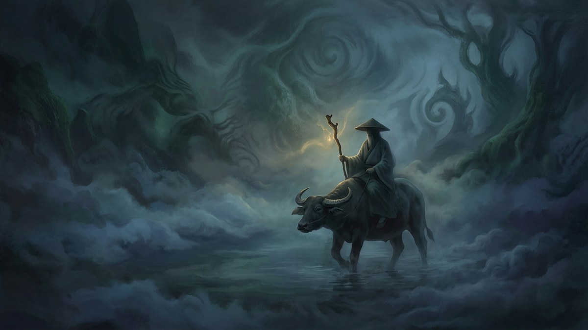 Taoist sage riding a water buffalo through mist with a glowing staff, representing Taoist principles for inner peace.