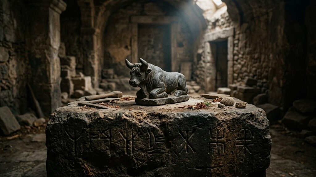 Carved stone bull amulet on an inscribed altar, showing rare ancient symbols for strength in ruins