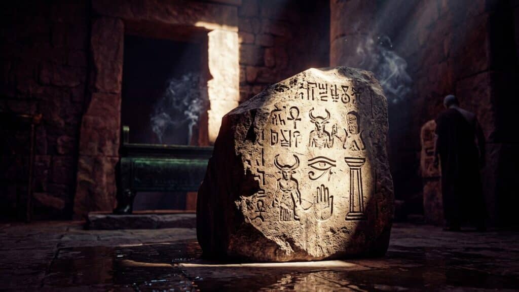 Ancient stone carved with the Eye of Horus and hieroglyphs illuminated by a sunbeam in a dark temple