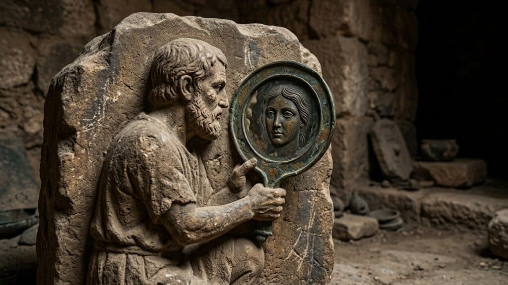 Ancient stone carving of a man gazing into a mirror reflecting a woman's face, representing the Anima and Animus archetypes.