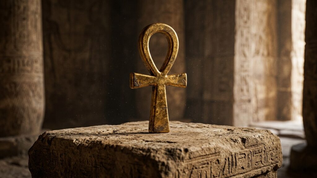 Golden Ankh standing upright on stone altar, illustrating the ankh symbol meaning of eternal life.