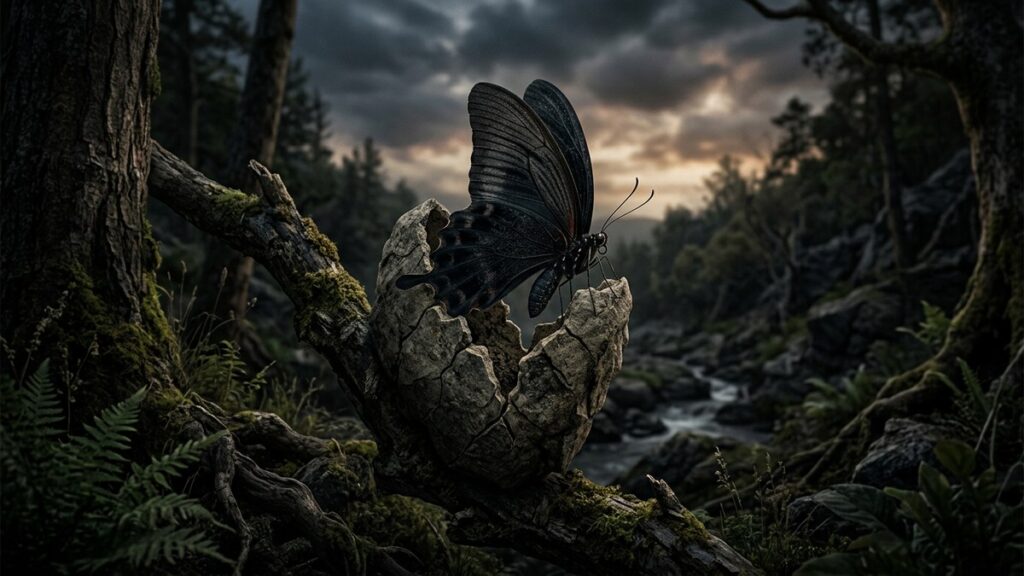 Dark butterfly emerging from cracked stone chrysalis in misty forest illustrating butterfly symbolism and rebirth