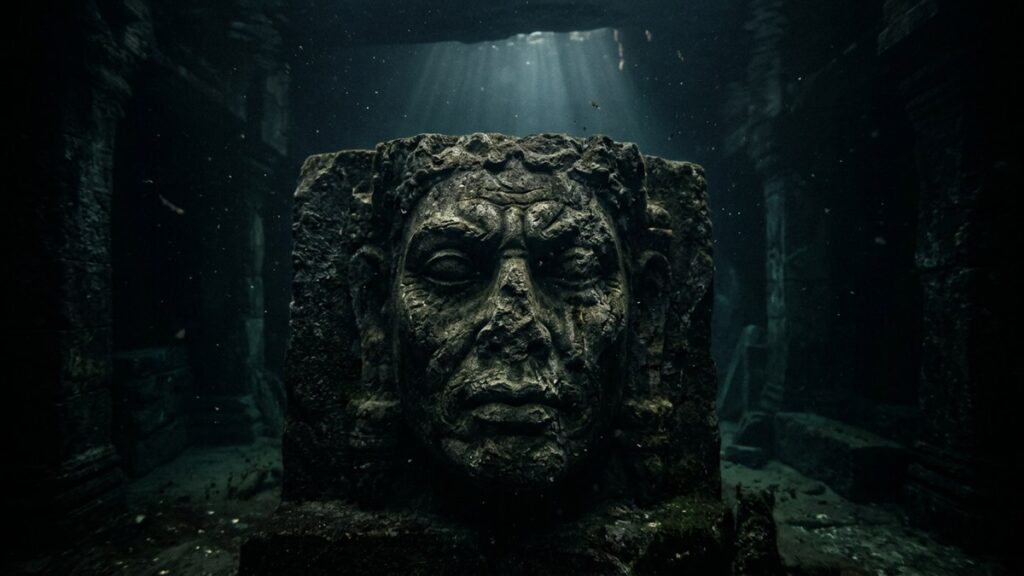 Ancient stone face submerged in dark water illuminated by light rays, symbolizing the collective unconscious