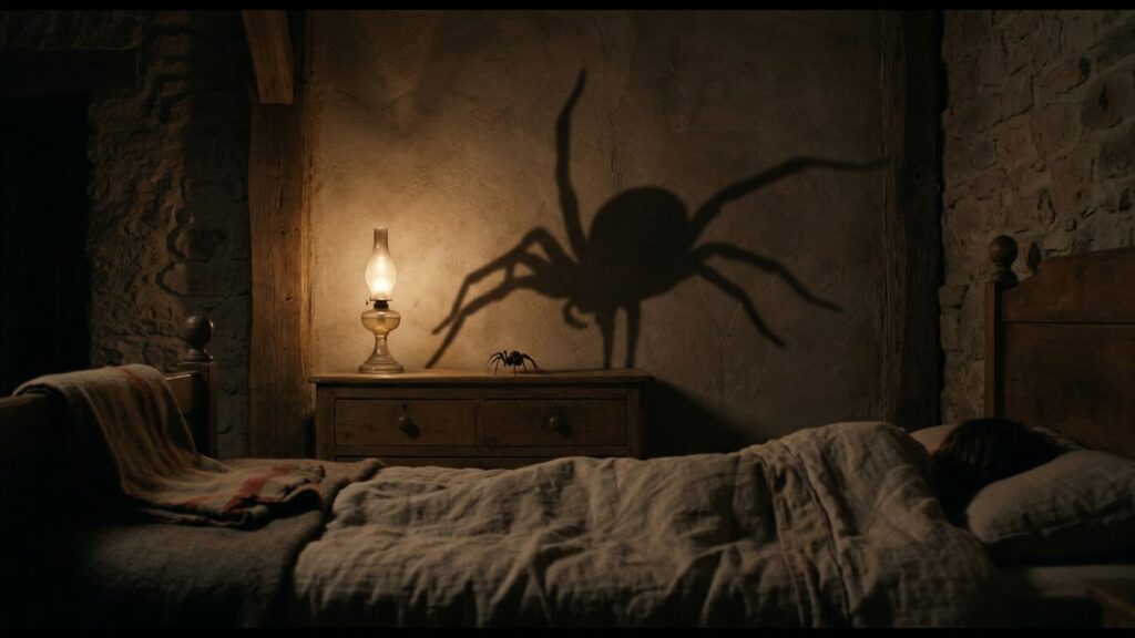 Massive spider shadow looming over a bed in a dimly lit room, illustrating dream meaning spiders and the shadow self