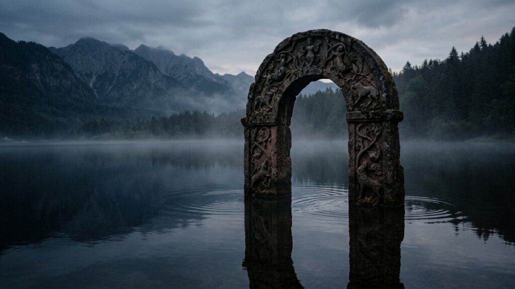 Ancient carved stone archway standing in a misty lake, representing a portal and dream symbolism