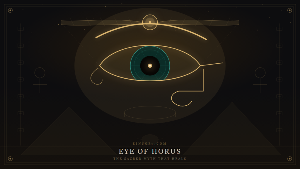 Eye of Horus sacred Egyptian symbol — golden geometric Wedjat eye with winged sun disk and pyramids