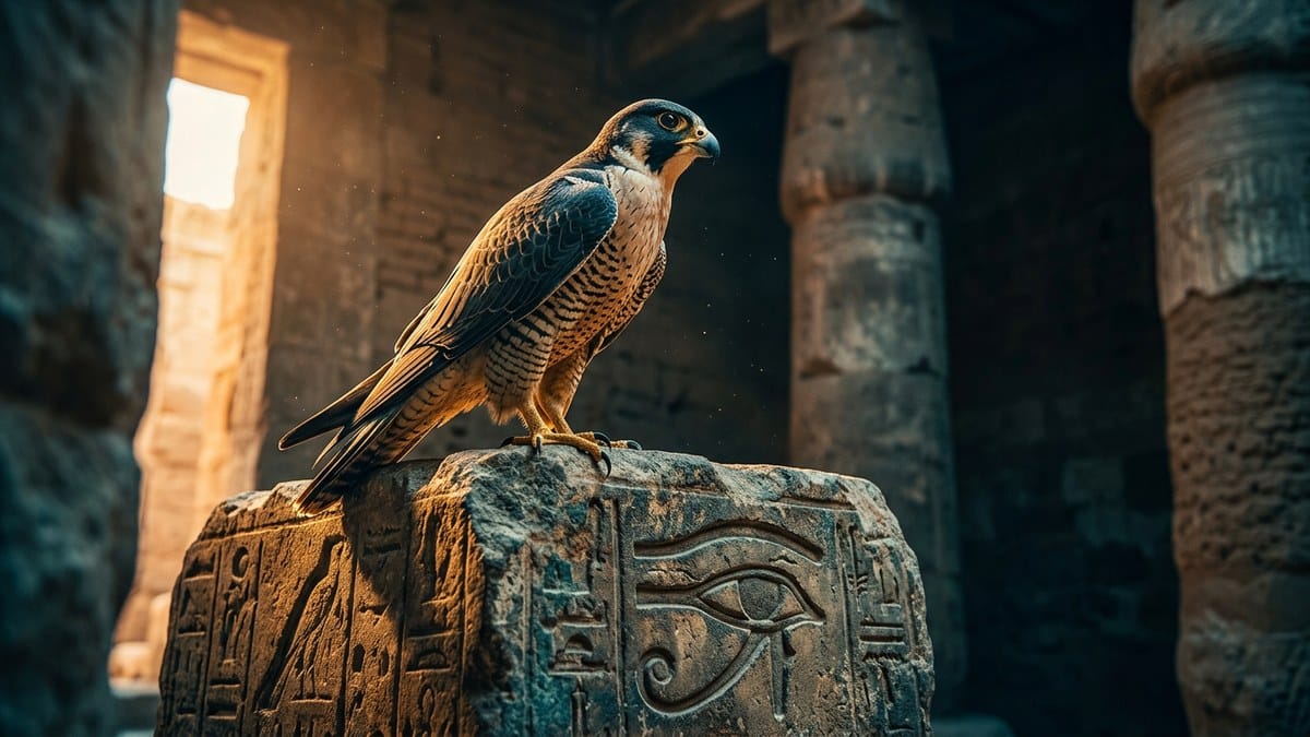 Falcon perched on ancient stone altar carved with the Eye of Horus symbol representing healing and protection