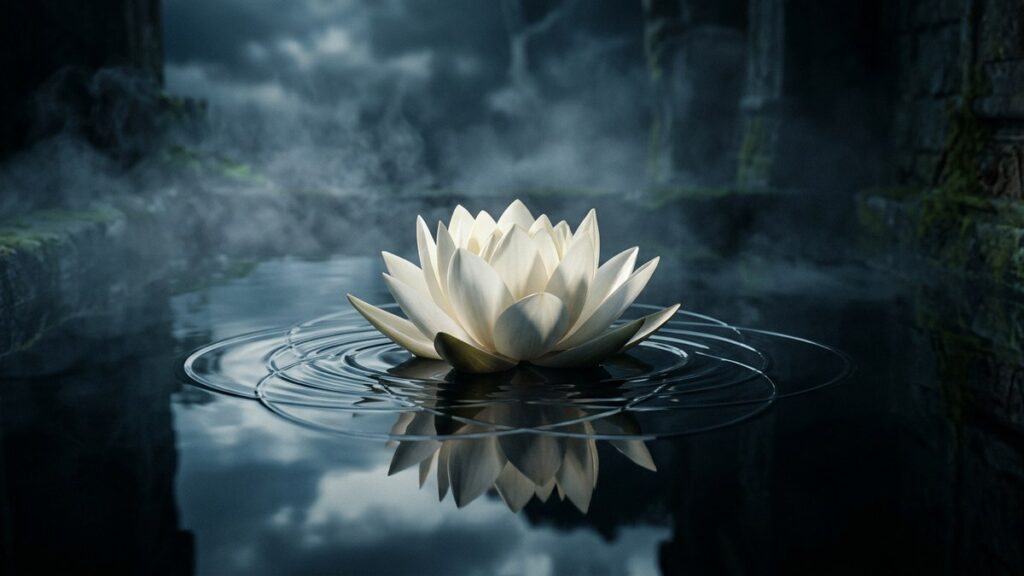 White lotus blossom floating on dark still water with concentric ripples and mist, representing Flower of Life meaning