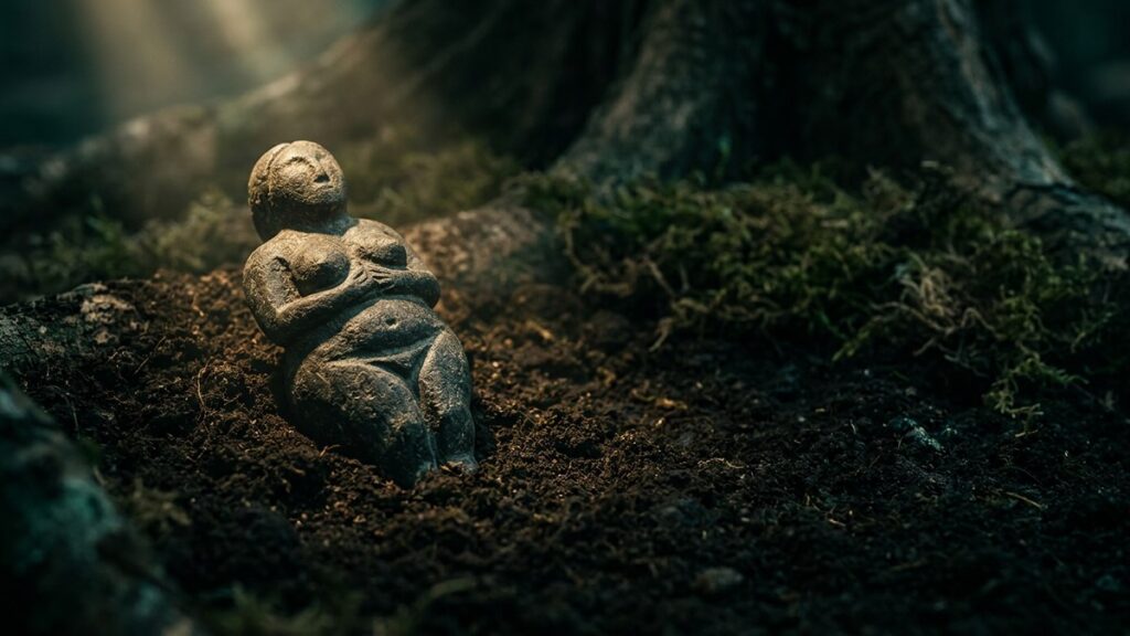 Ancient stone fertility figurine resting in dark earth under tree roots representing the great mother archetype