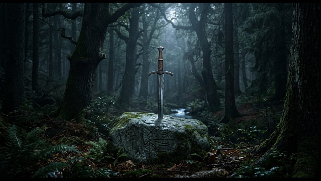 Sword embedded in an ancient stone in a dark misty forest representing the hero archetype and the journey of the soul