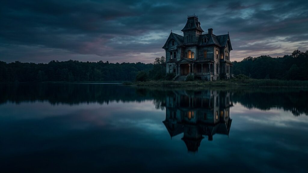 Gothic Victorian mansion reflecting in dark still water, symbolizing house dream meaning and the psyche