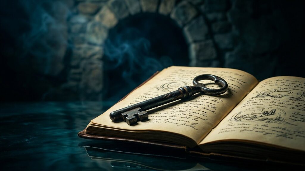 Antique iron key on handwritten journal by dark water, illustrating how to interpret dreams and unlock the unconscious