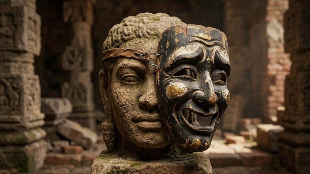 Ancient stone bust half-covered by a theatrical mask, symbolizing Jungian archetypes and the Persona