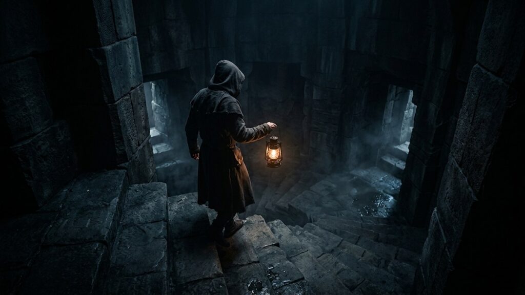 Cloaked figure with a lantern descending dark stone stairs, illustrating the psychological concept of katabasis