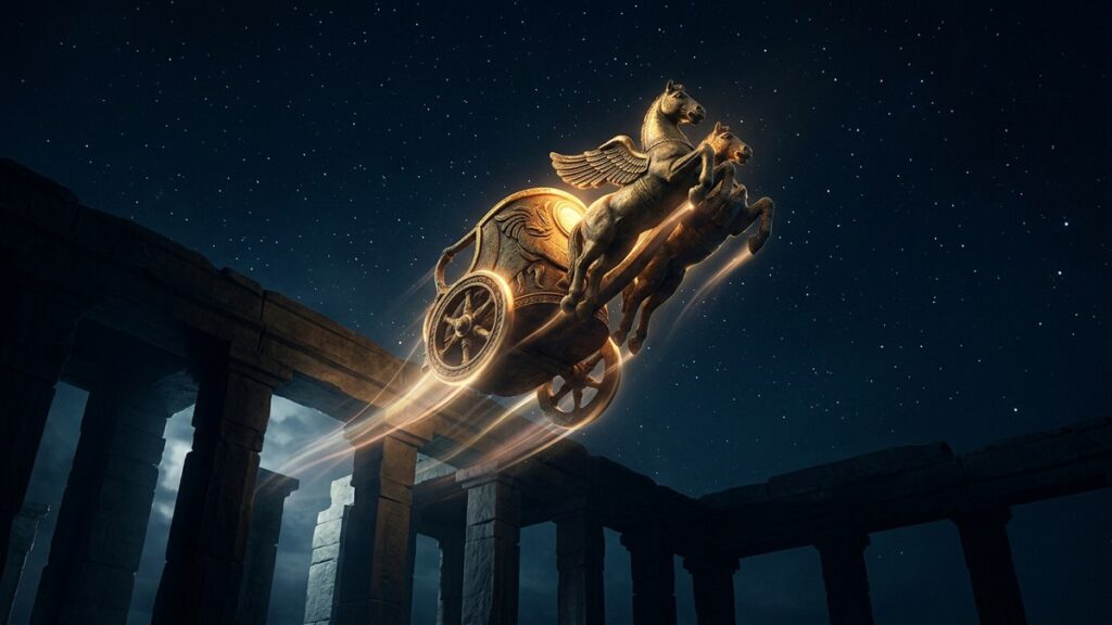 Golden chariot with winged horses ascending between ancient columns into a starry sky, symbolizing Merkaba meditation