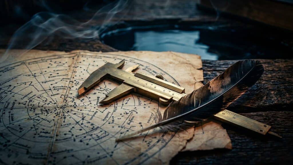 Brass caliper and feather on ancient star chart symbolizing the study of Metatrons Cube meaning and sacred geometry