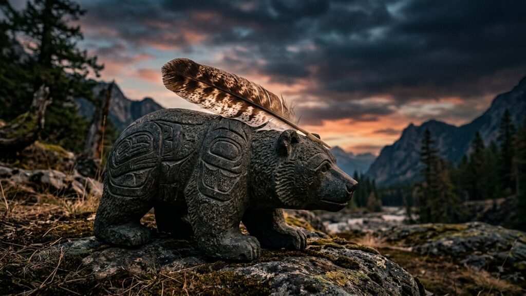 Carved stone bear and eagle feather against a dramatic sunset reflecting native american animal symbolism