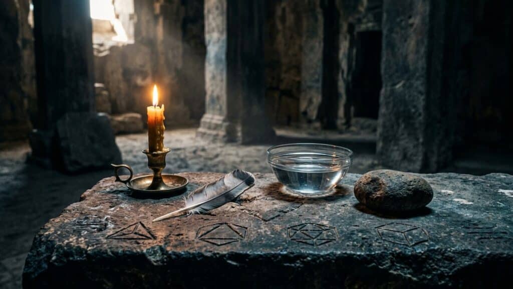 Ancient altar with candle, feather, water, and stone, featuring carved Platonic solids symbols for elemental meaning
