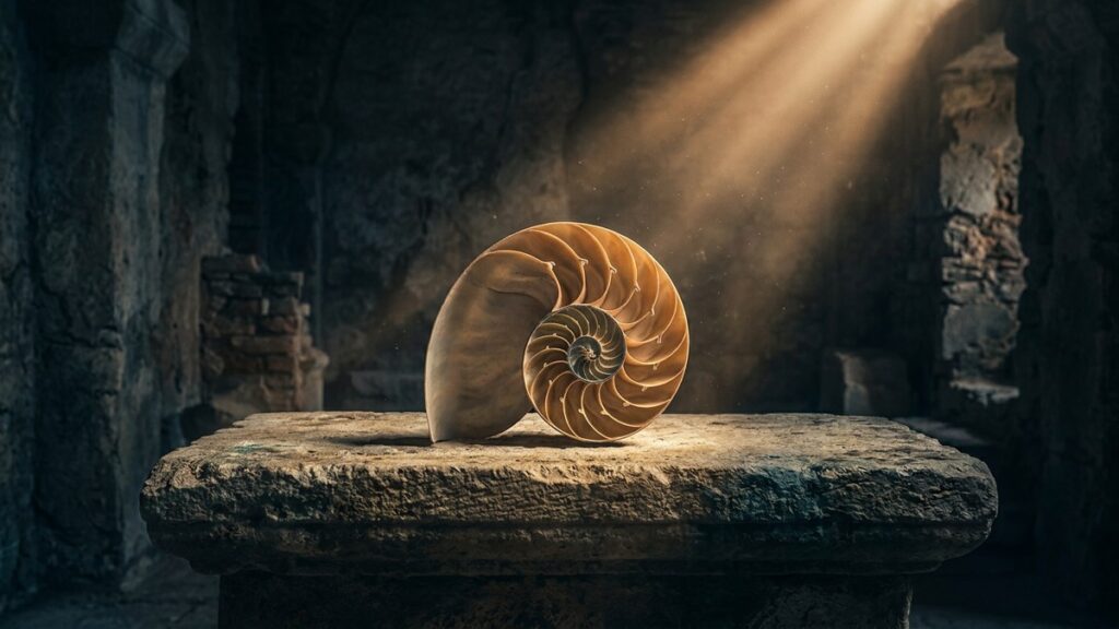 Spiraling nautilus shell resting on an ancient stone altar bathed in light beams for sacred geometry meditation.