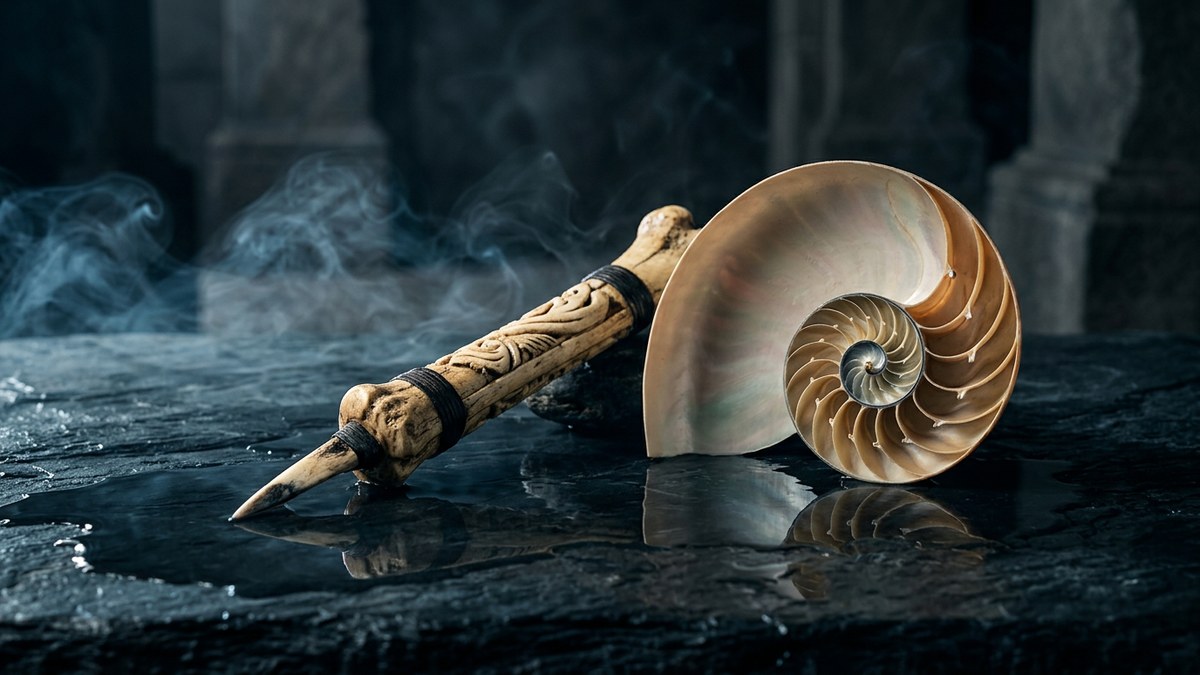 Split nautilus shell revealing golden ratio spiral beside carved bone tattoo tool on dark stone for sacred geometry tattoos.