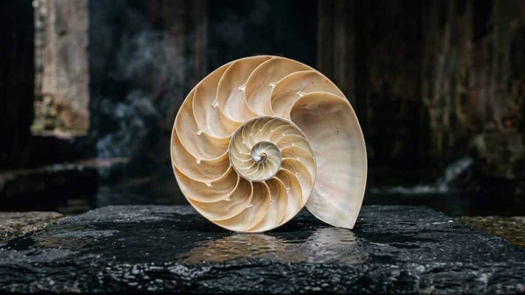 Cross-section of a chambered nautilus shell revealing the golden ratio spiral, a key symbol of sacred geometry.
