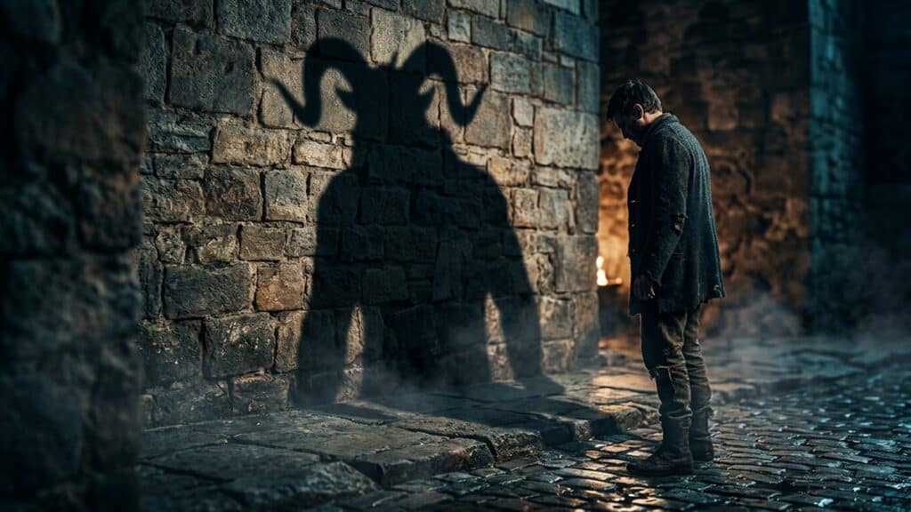 Man standing against stone wall casting a horned devil shadow, illustrating the Jungian shadow archetype