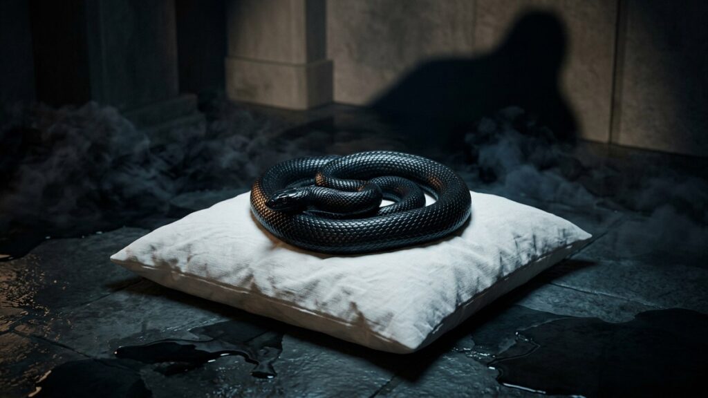 Black snake coiled on a white pillow in a dark stone room with a looming shadow, representing snake dream meaning