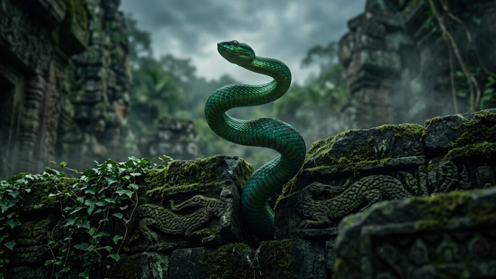 Emerald green snake rising from mossy ancient stone ruins representing snake symbolism and rebirth