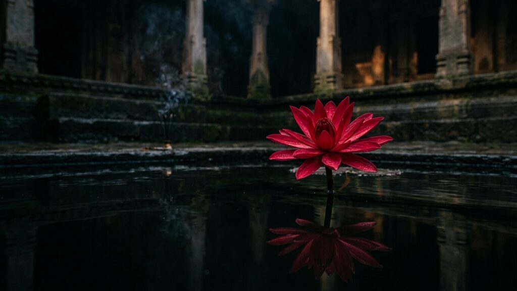 Red lotus flower blooming in dark water of ancient stone temple tank, representing the unfolding of Sri Yantra meaning