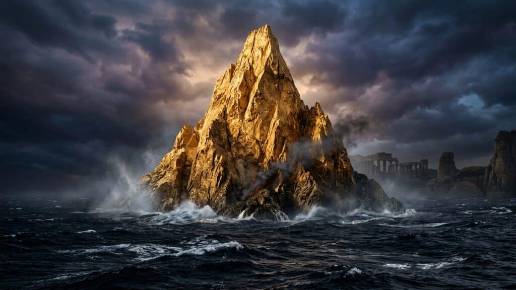 Golden mountain peak rising from dark stormy sea, symbolizing Mount Meru and the focus of Sri Yantra meditation
