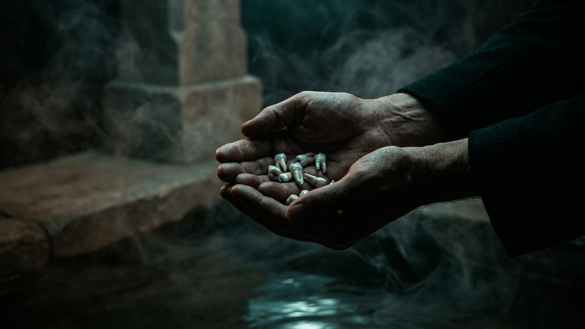 Cupped hands holding loose teeth in a dark, misty setting, illustrating the anxiety of the teeth falling out dream