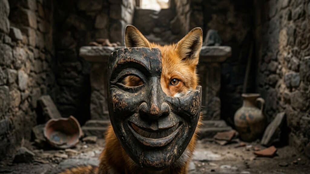 Red fox peering from behind a carved wooden mask with a mischievous smile, illustrating the trickster archetype.