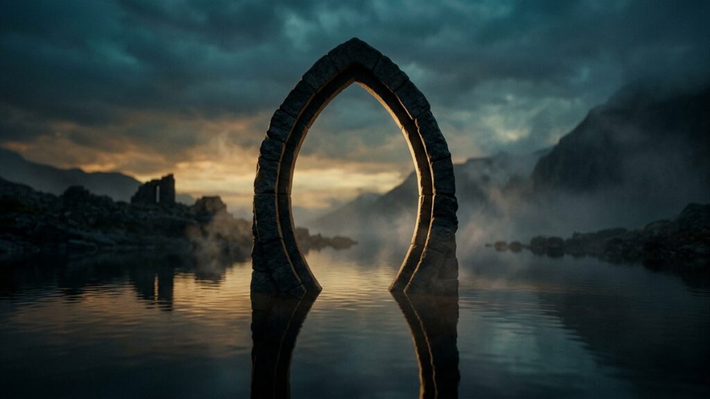 Almond-shaped stone archway reflecting in misty mountain waters, illustrating the vesica piscis meaning in nature.